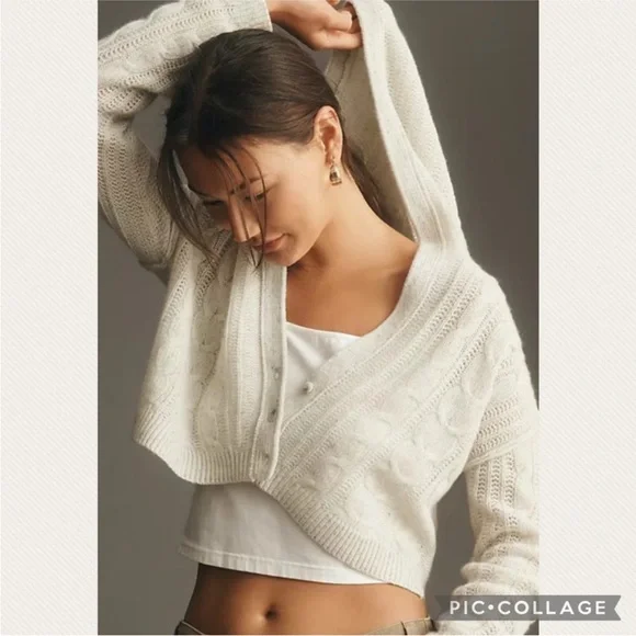 :Price Firm: Anthropologie Crop Cable Cashmere Cardigan Hoodie in Light Gray - Picture 1 of 9